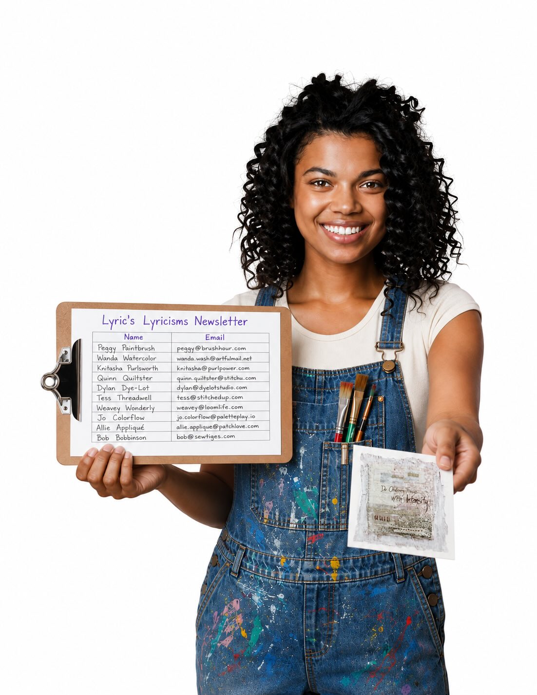 woman in paint spattered overalls holding newsletter clipboard and holding out a postcard to the viewer